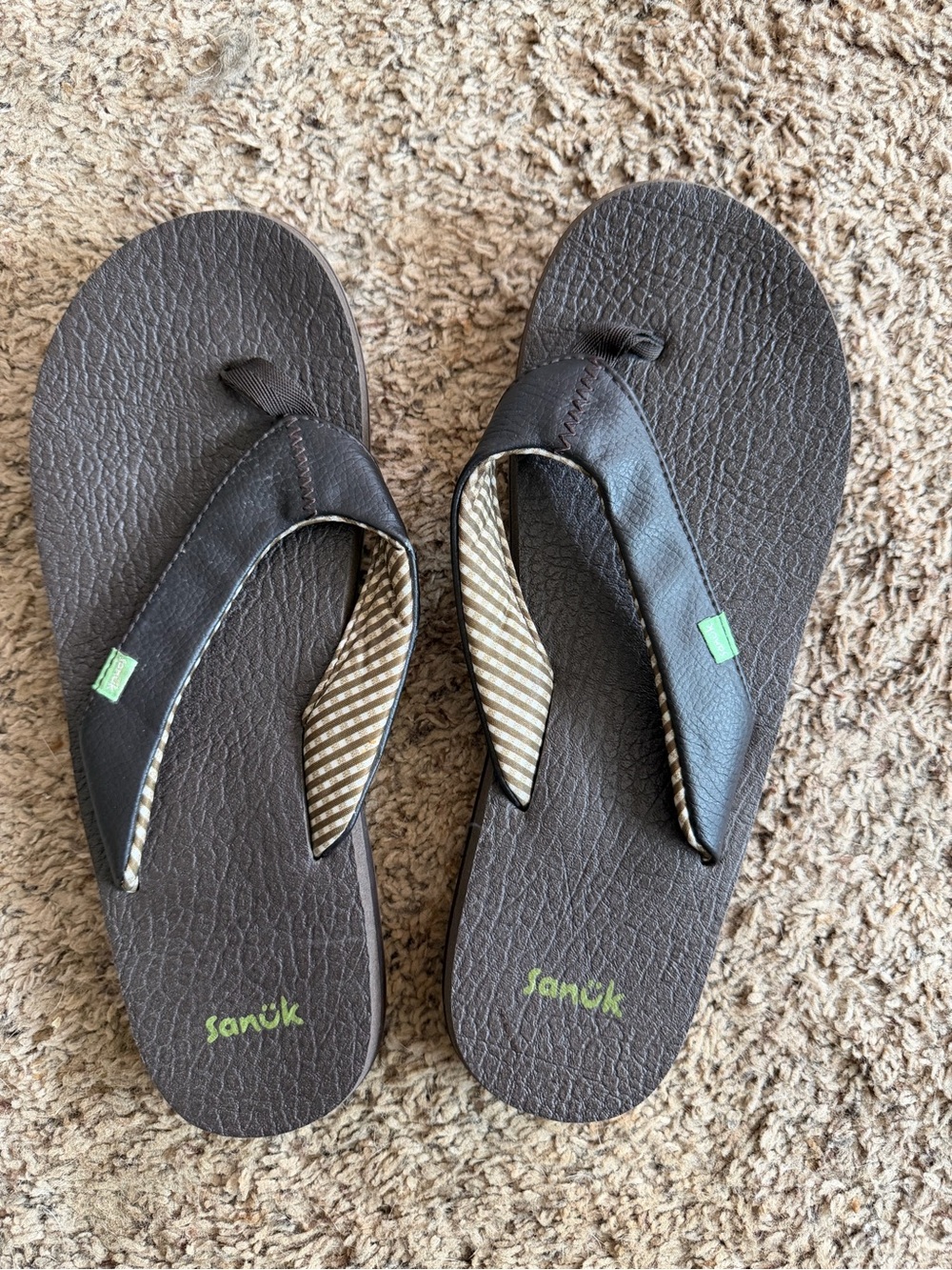 Sanuk Men’s Dark Brown Flip Flop Sandals with Green Logo Accents